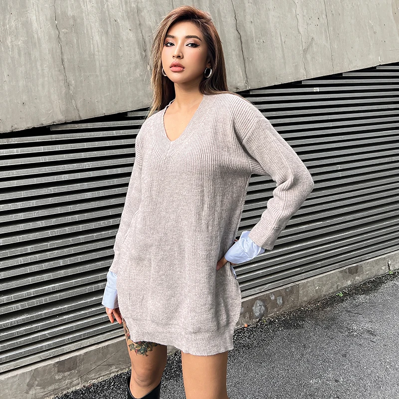 TWOTWINSTYLE Patchwork Colorblock Womens Sweater V Neck Long Sleeve Korean Fashion Pullovers