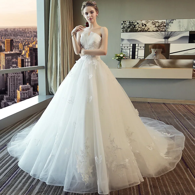 Modern Bridal Tail Small White Tube Top Lace Simple Fairy Graceful Mori Wedding Dress Princess