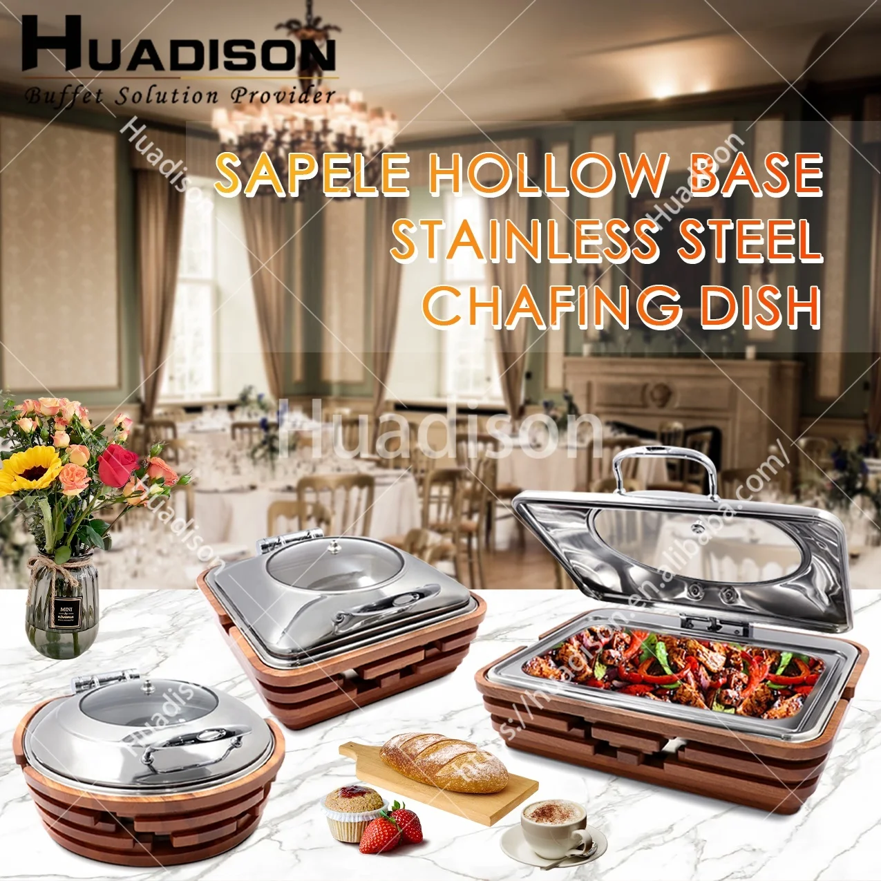 Huadison hotel catering equipment luxury 9 liter large capacity rectangular stainless steel electric chafing dish