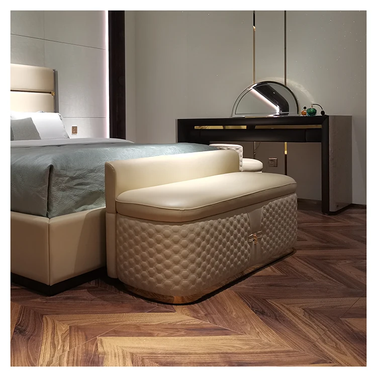 Modern European Bedroom Furniture Bed End Stool Solid Wood Frame Leather Luxury Bed End Stool Bench