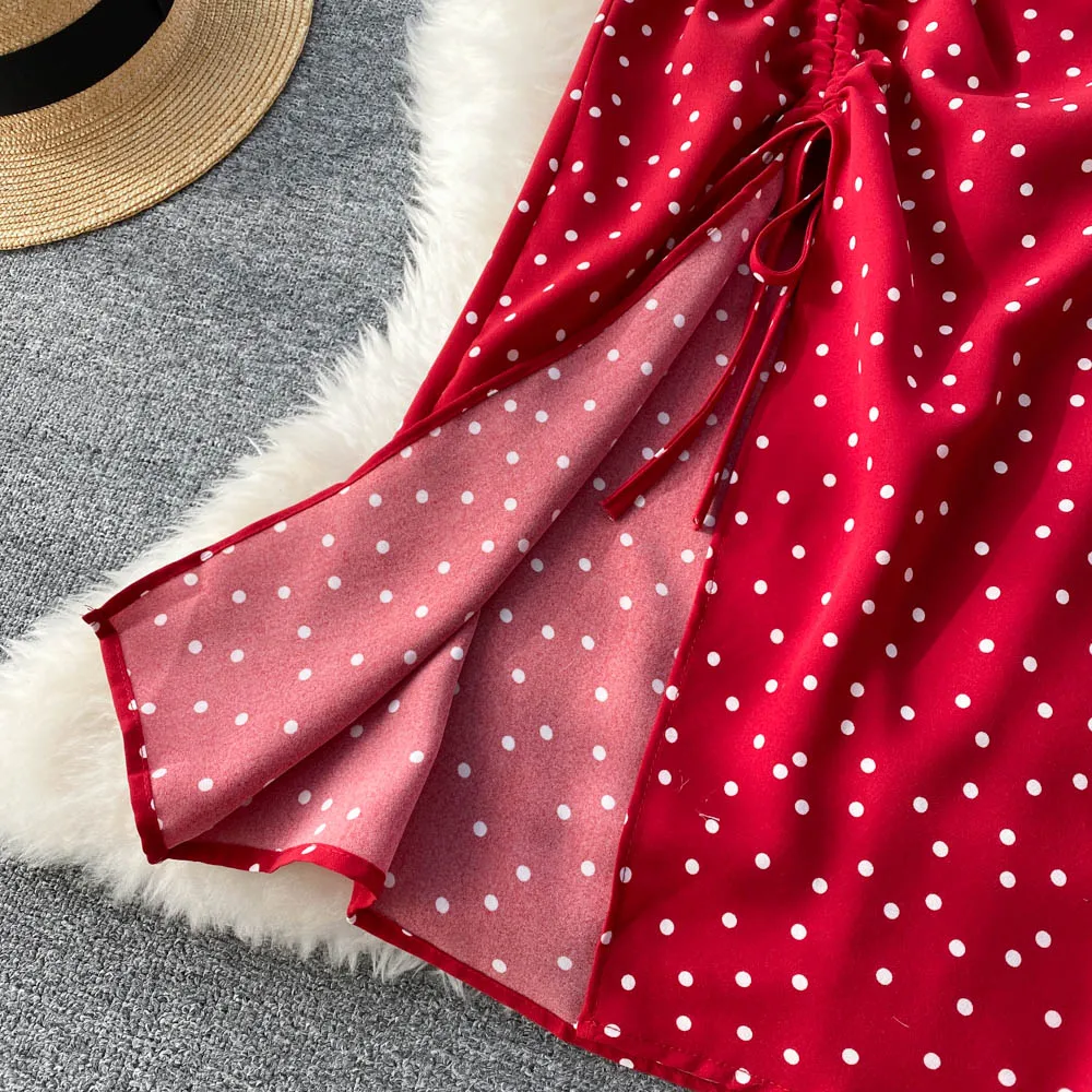 Custom square collar wave dot dress short sleeve 2023 new summer French closed waist large hemline maxi skirt