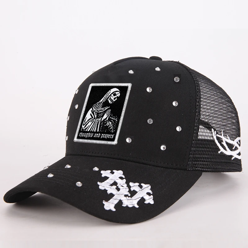 2024 Custom Your Own logo Mens Mesh Gorras Embroidery Patch logo 5 Panel Rhinestone Baseball Trucker Hat Cap