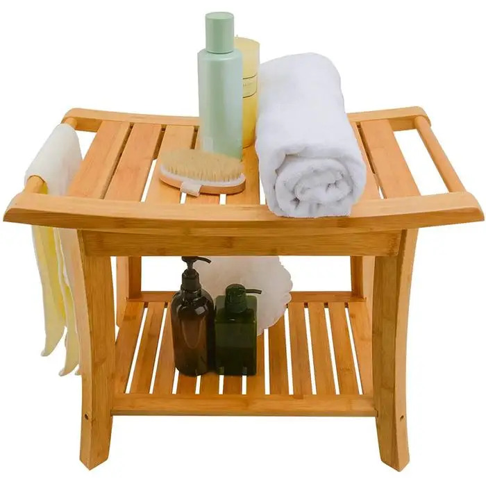 Supplier Wholesale 100% Natural Bamboo Shower Stand Bathtub Organizer With Storage Shelf Bathroom Wooden Stool