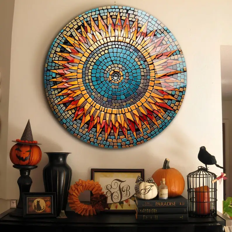 Mosaic Stained Tempered Glass Round Wall Decor Art Gift Colorful Wall Hanging Glass Printing