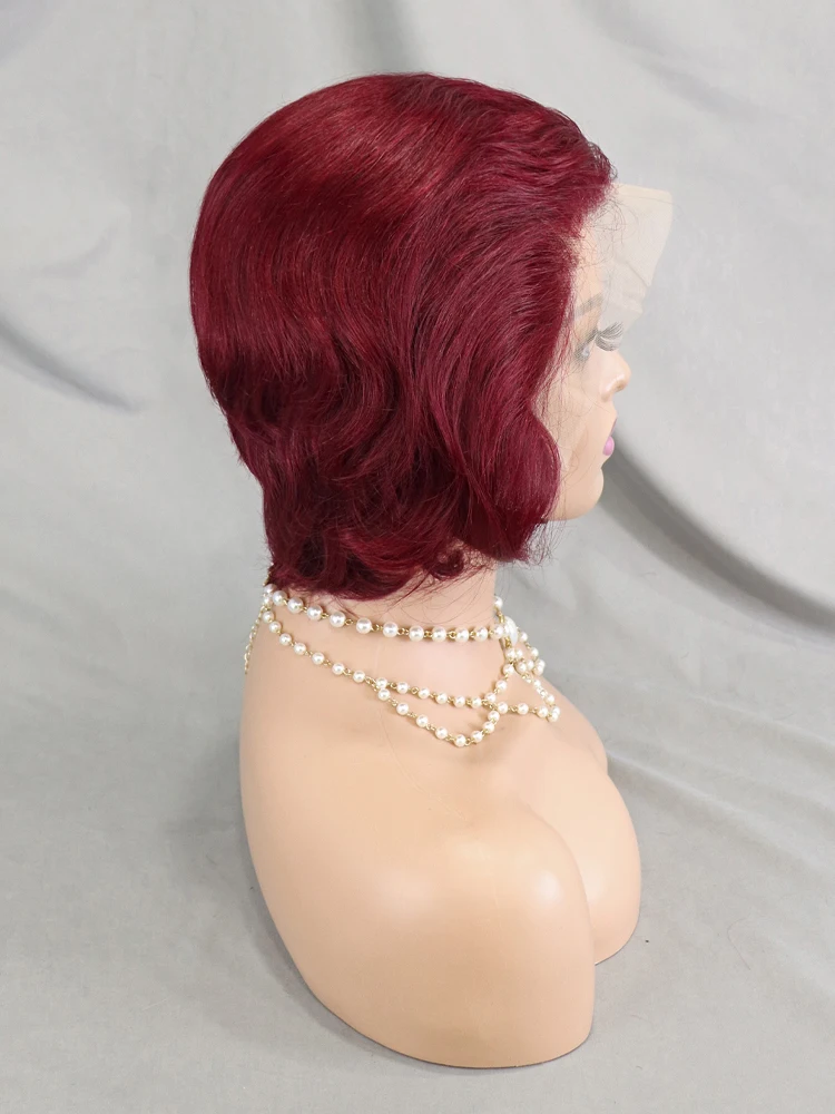 Virgin Human Hair Vendor Wholesale Short Pixie Cut Wigs Cuticle Aligned Bob Wigs Burgundy Color 99J Lace Front Wig Indian Hair