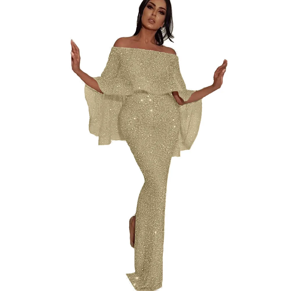 
European and American new back big lotus leaf wrap chest word shoulder dress blingbling bag hip split evening dress 