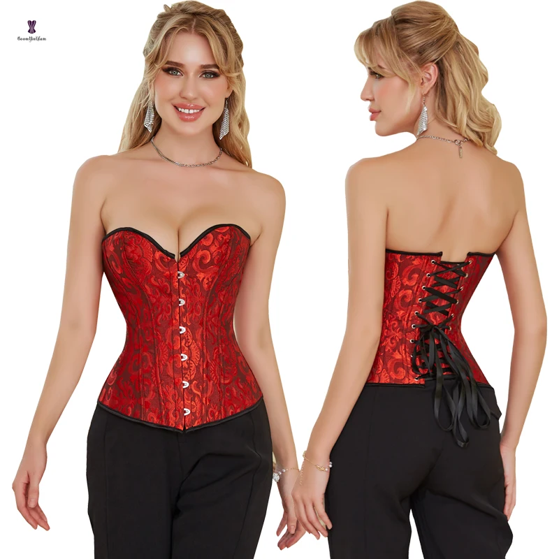 Women Boned Lingerie Waist shaper dark Red Jacquard Overbust Body Shaper Corset Slim Body Underwear Bustier
