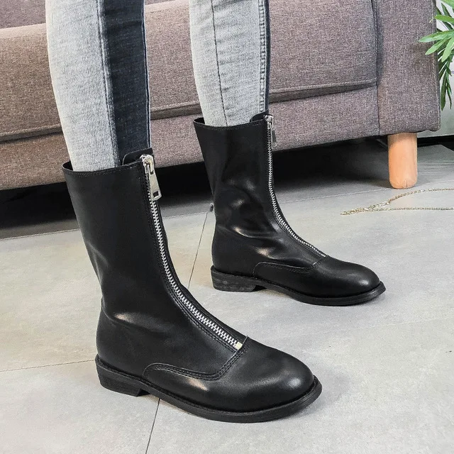 Lady Boots Low Heeled booties Bootie Women Zipper Shoes  For Women Luxury Designer Round Toe Ladies Ankle Rock