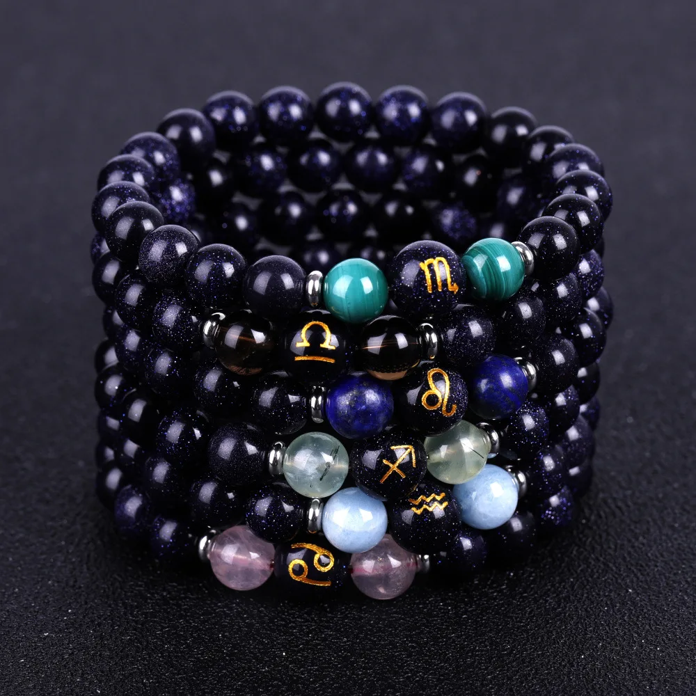 Natural Blue Sandstone Beaded Bracelets 12 Zodiac Signs Couple Bracelet Men Elastic Bracelets For Women Jewelry