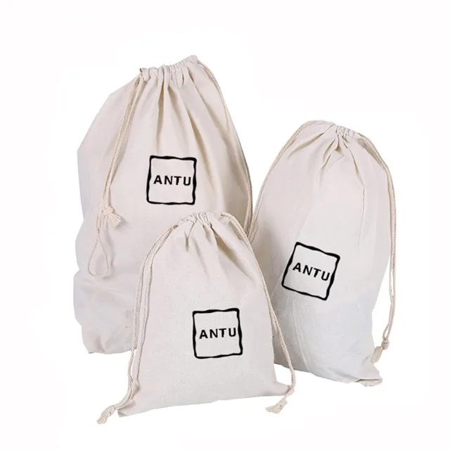 
Eco Friendly Shopping Natural Calico Canvas Custom Logo Cotton White Small Drawstring Bags Grocery Gift Pouch 