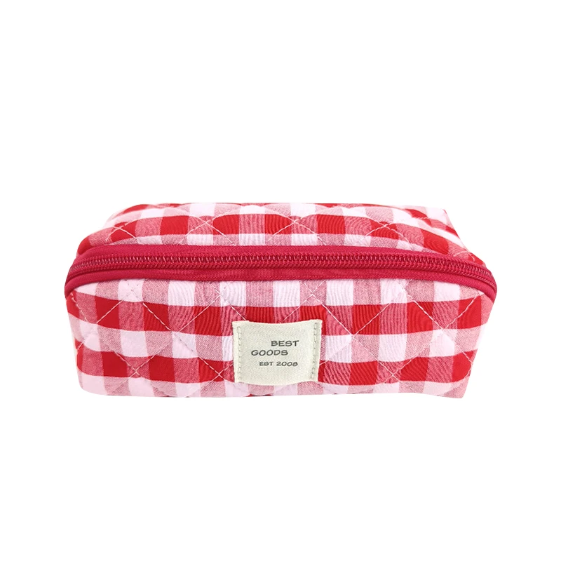 Eco friendly custom logo large capacity pillow cute travel red blue checker makeup bag lay flat soft quilted cosmetic bag