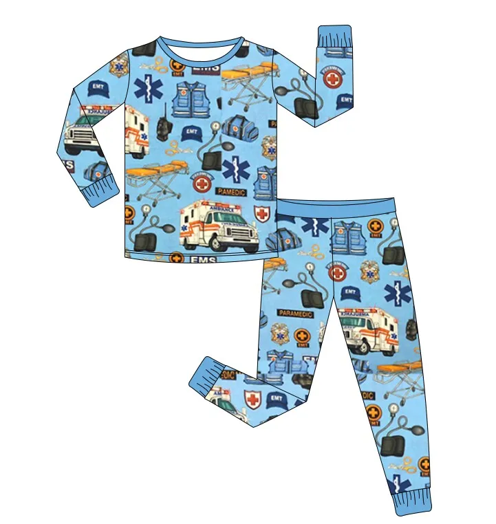 new arrive baby boy girls bamboo pajamas newborn kids milk silk ambulance printing 2 piece nightwear children bamboo jammies