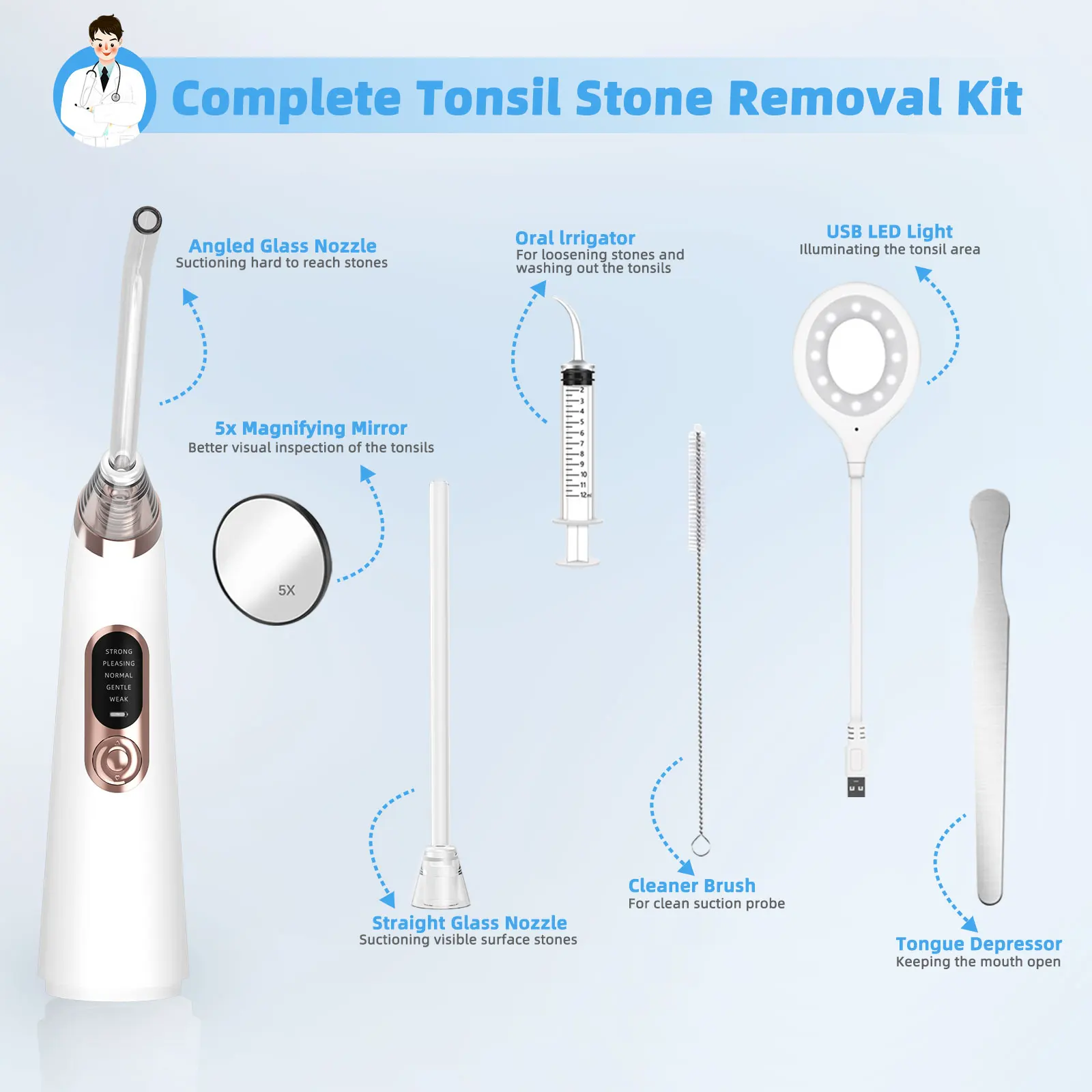 Electric Tonsil Stone Removal Kit Instant Suction Tool Oral Irrigator Syringe Tongue Depressor 5X Magnifying Tonsil Remover