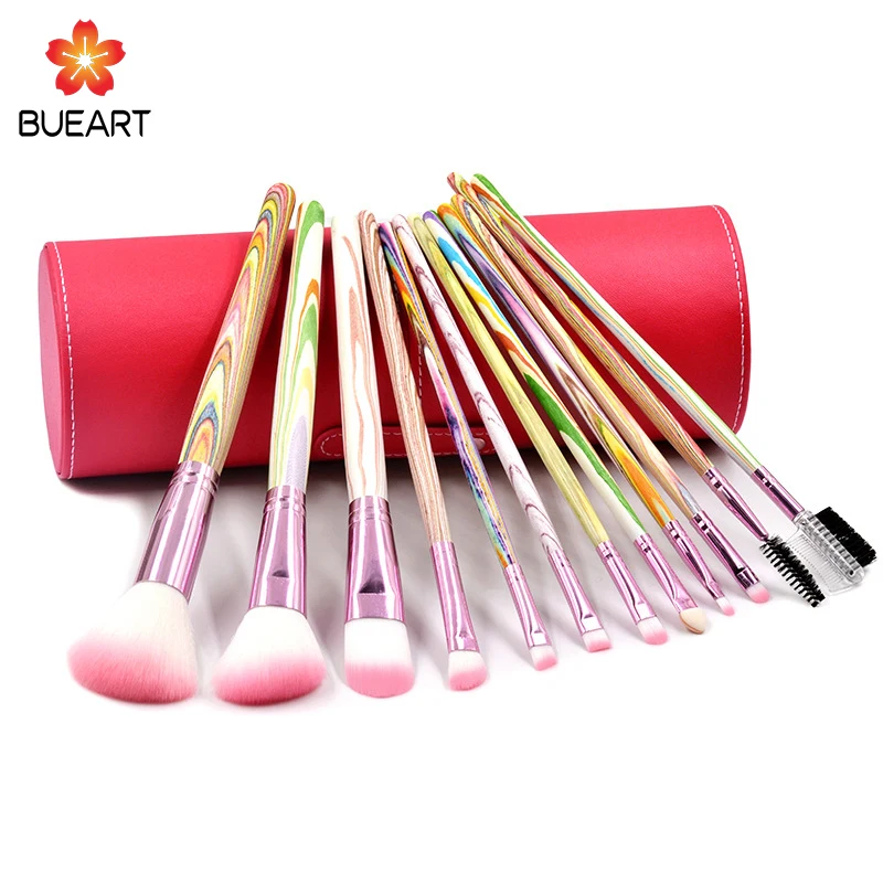 BUEYA 12Pcs nice colors rose pink tube Holographic Crystal Holder Face Makeup Brush Set with bag case for beginner
