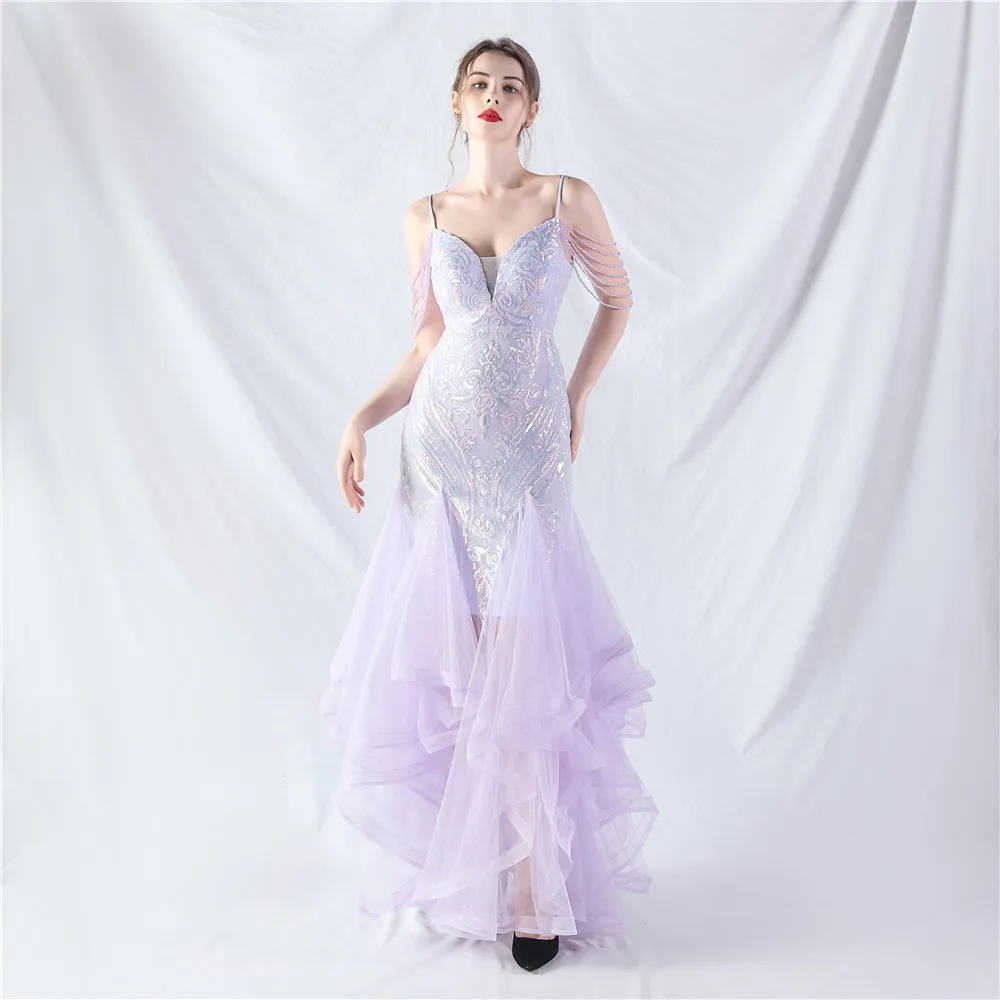 New Product Order Bead Sequin Splicing Mesh Dance Celebration Performance Dress Slimming Strap Bareback Party Long Dress