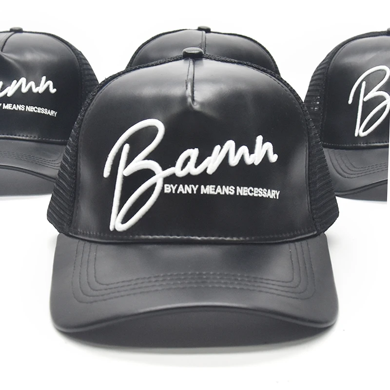 Premium casquette gorras custom Logo black truckers caps pu leather high quality embroidery mens trucker hats