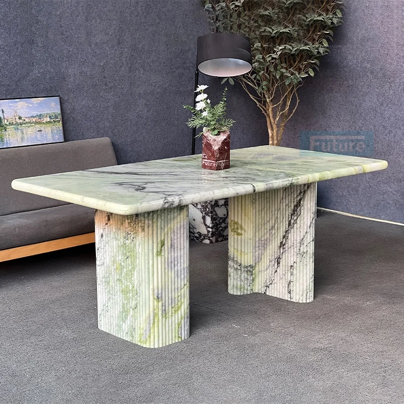 Elegant 6 Seater Recharge Top Natural Green Marble Dining Table Coffee Table With Marble Leg For Livingroom