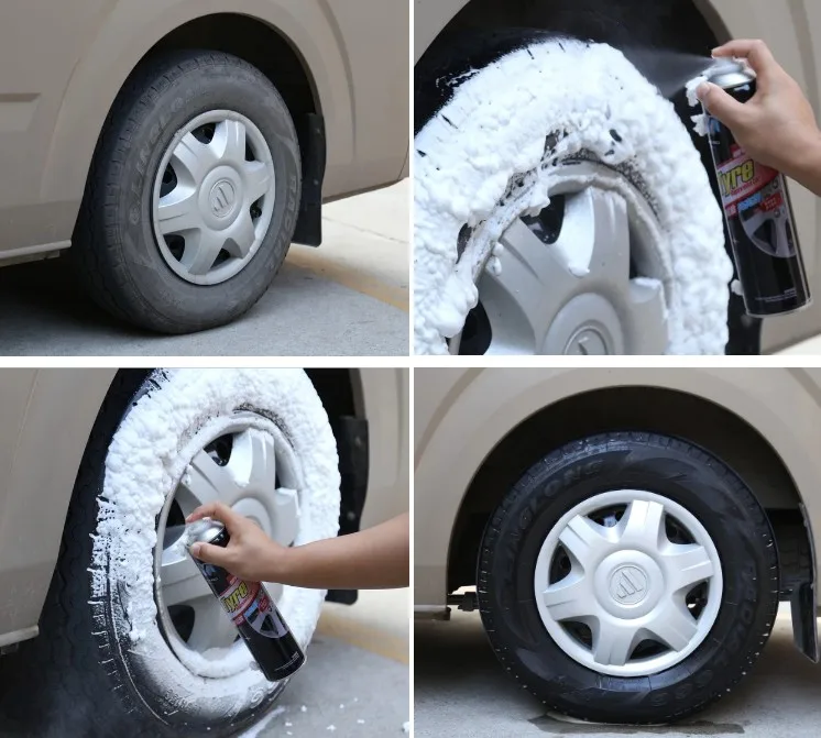 car automobile car care product aerosol tire shine and tire polish and tire foam cleaner spray