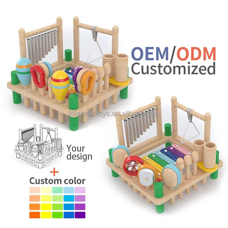 Littleroom 5 in 1Kid Montessori Wooden Rainbow activity center wooden musical workbench toy for baby Xylophone Music Toy