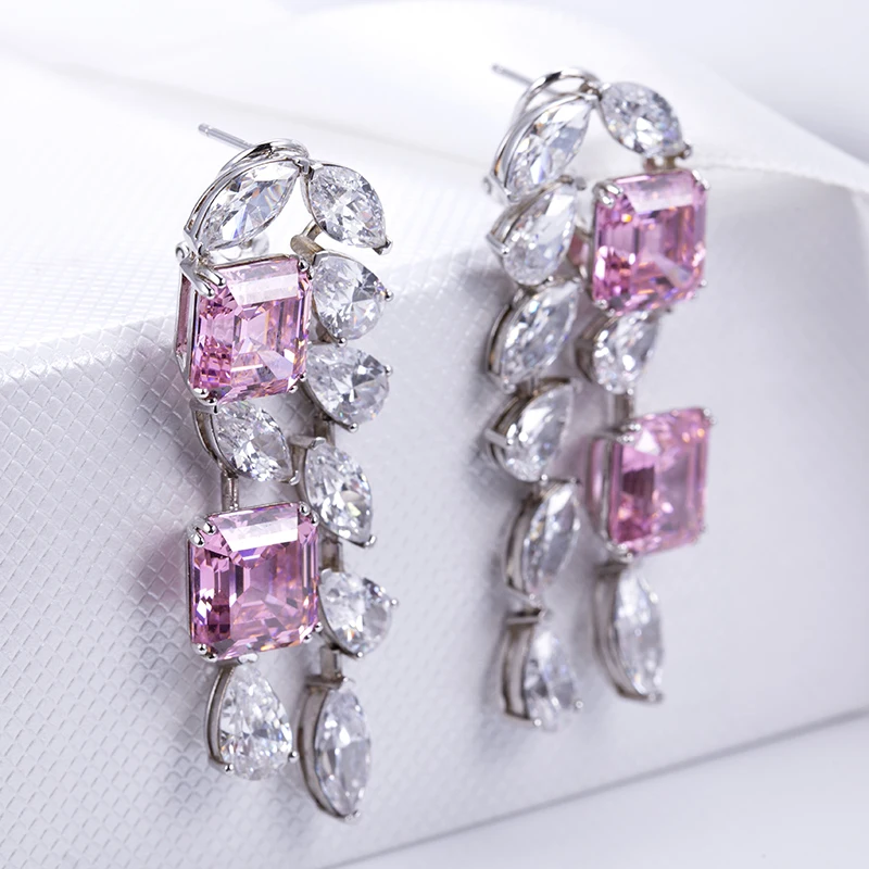 Messi Jewelry MSE-602 Silver Fancy Pink Asscher  Pear  Marquise High Carbon Diamond Cubic Zirconia Fancy Earings
