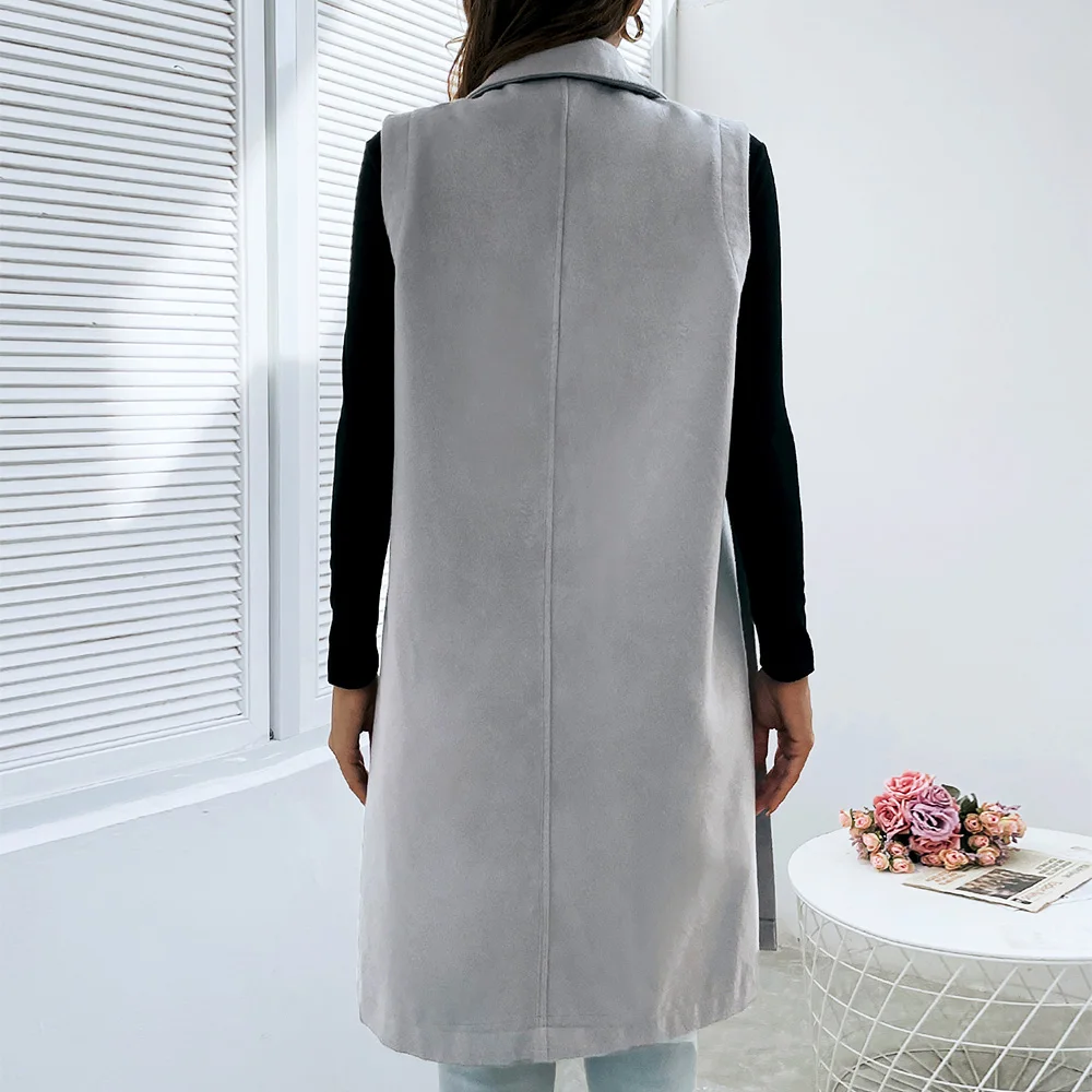 autumn Fashion buttons office women gray Jacket Suit Coat Vest with large lapel side slit