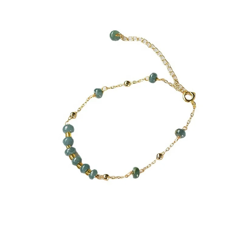 PJ-C306 Natural jade bracelet, gemstone jadeite stone bracelet roundel beaded bracelet 14 K real gold plated