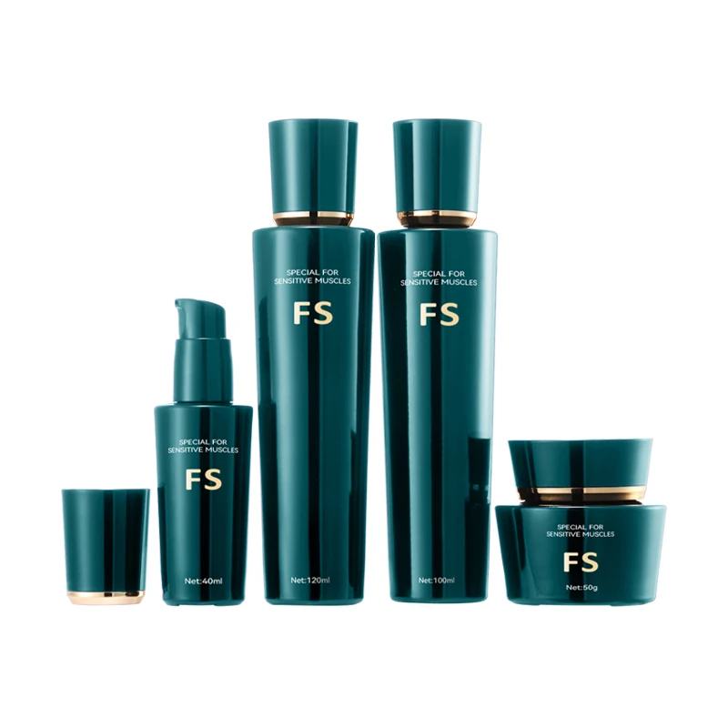 Luxury  30g 40ml frosted glass bottles cosmetic body lotion  green colours pump and skincare moisturizing cream jar set