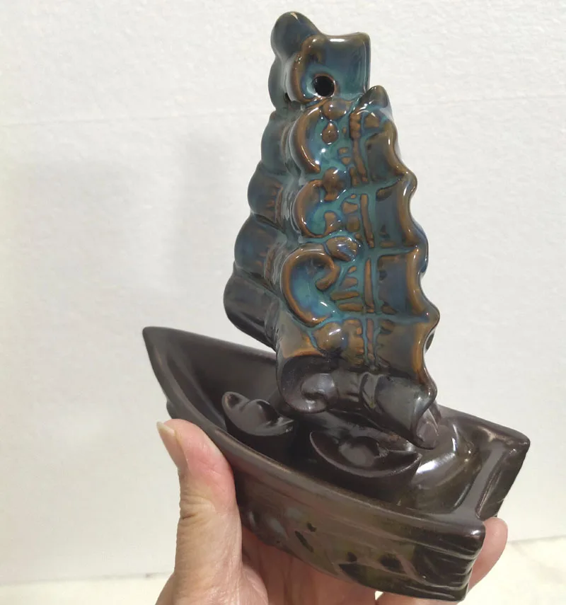 Ywbeyond New Design Ceramic Censer Sailing Boat Backflow Incense Burner Incense Cone Holder Waterfall