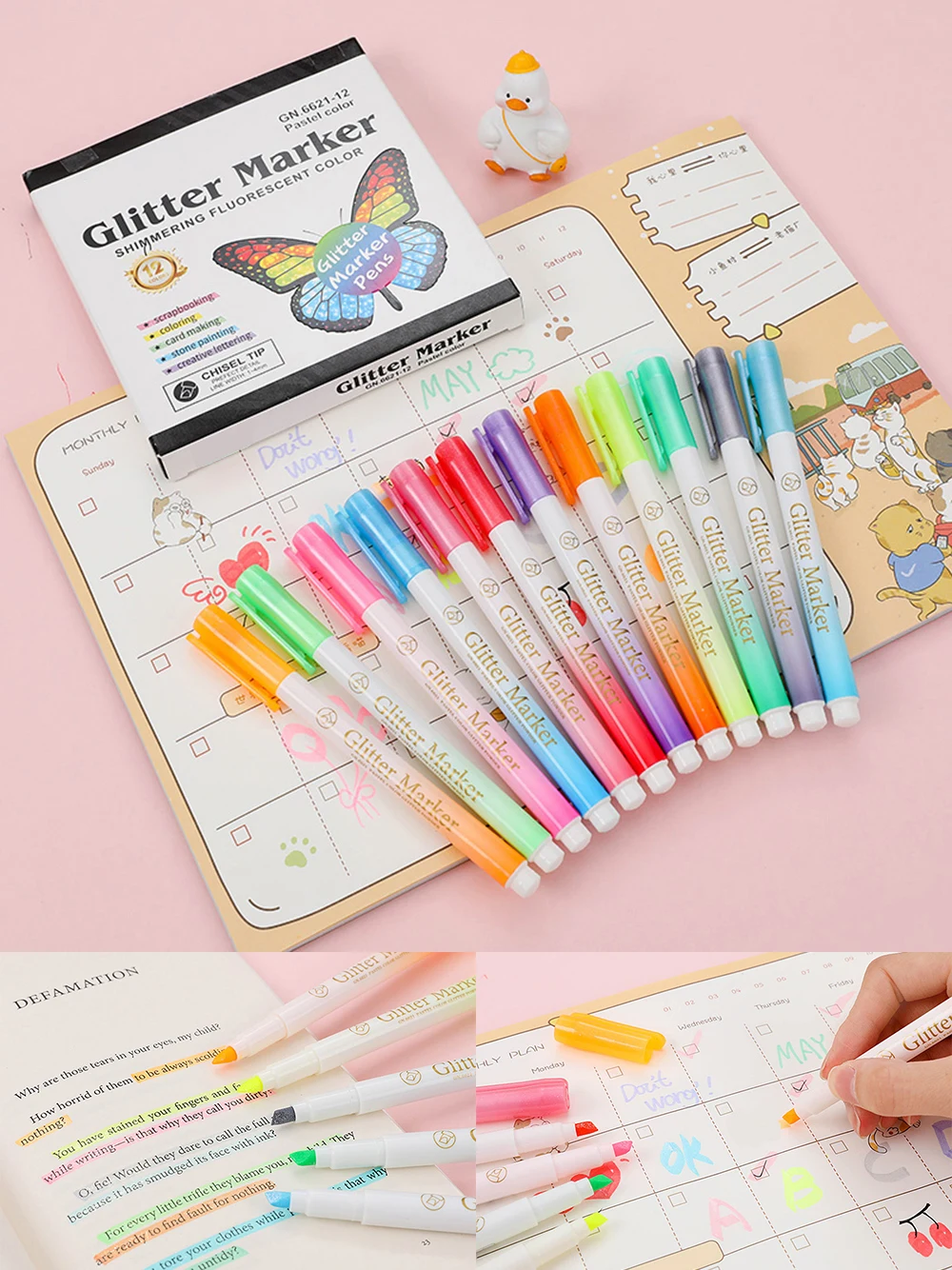 12 Painting Color Glitter Permanent Highlighter Marker Pen For Student School Office Art Marker Pen Set