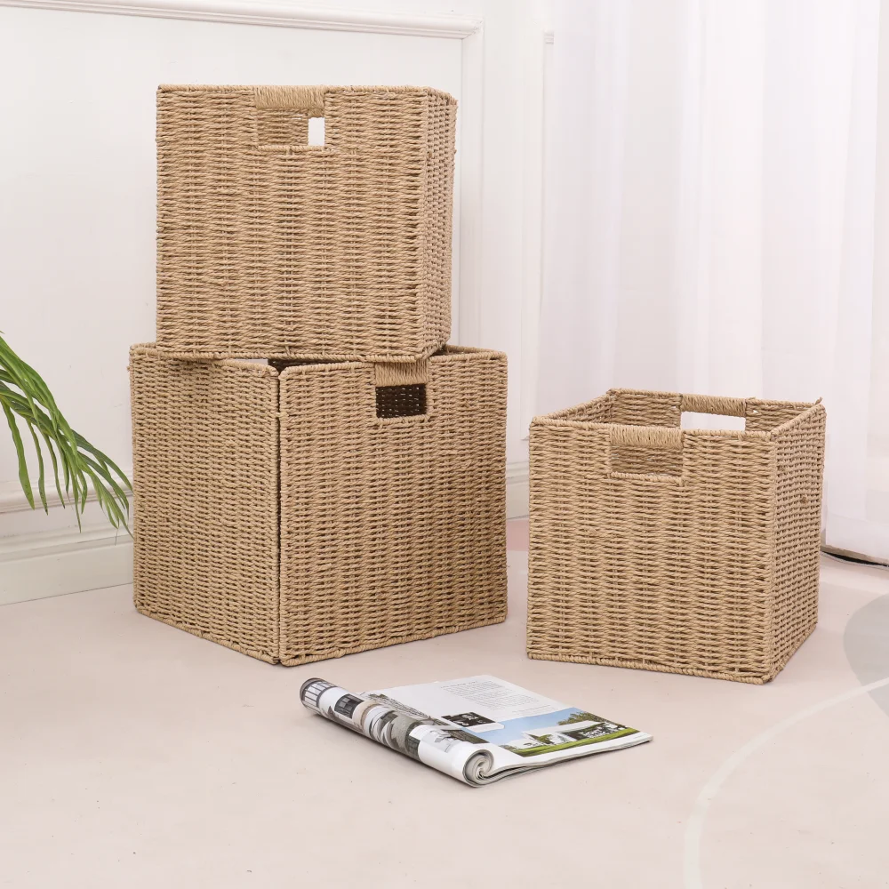 Wholesale Foldable Storage Basket Hand-Woven Paper Rope Wicker Basket Laundry Clothing Shelves Durable Plastic Fabric Cloth