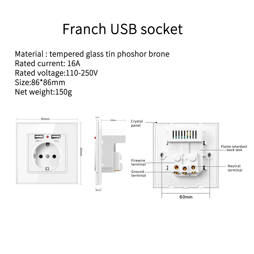 Sixwgh USB настенная розетка 86 стиль стеклянная панель Франция Стандартный электронный таймер Разъем питания Разъем настенный встроенный двойной Usb выход