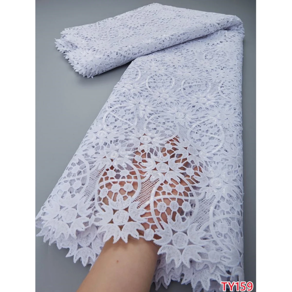 TY159 Pure White African Sequined Cupion Water Soluble Cord Lace Fabric Milk Silk African Guipure Lace For Nigerian Party