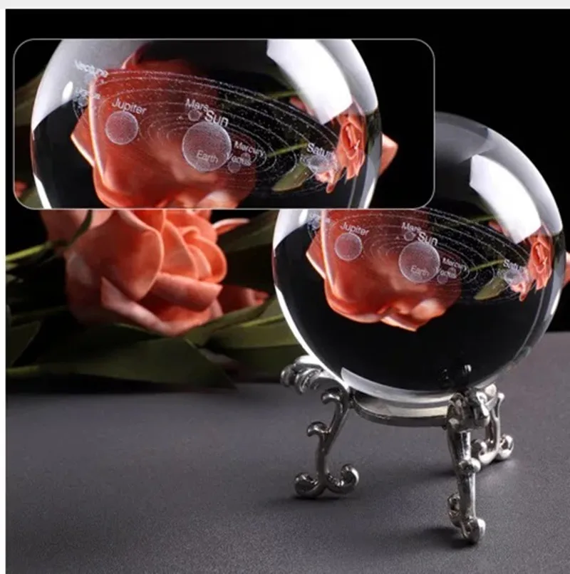 60mm Cheap Decorative Award Good Design Hot Sell 3D Laser Engrave Solar System Galaxy universe Crystal glass Ball With Base