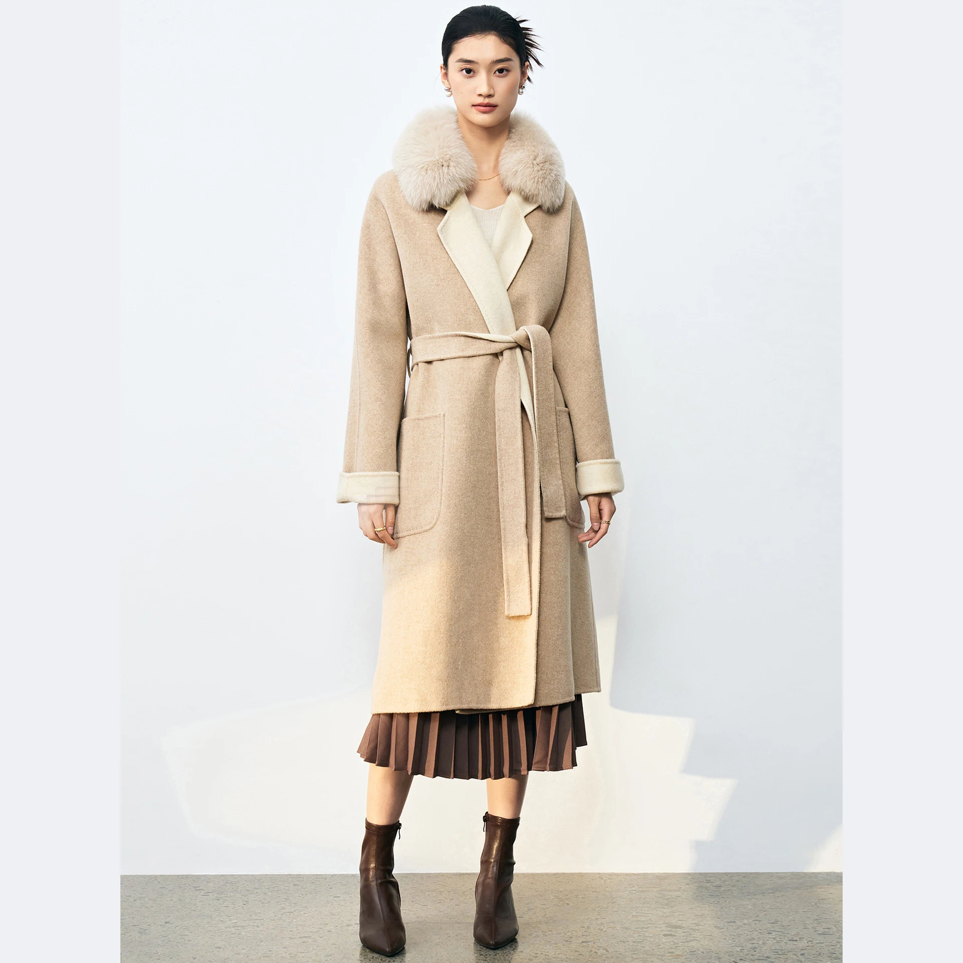 Winter detachable fox fur collar double-sided woolen jacket Long double-sided two-color coat for women Apricot lapel tied coat