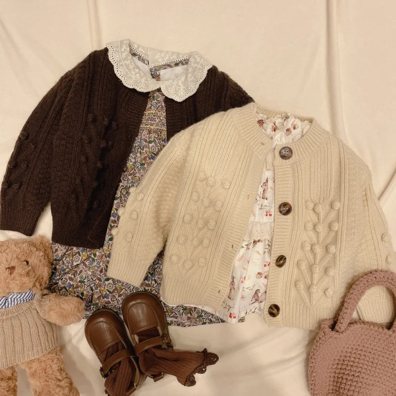 2024 Korean Style Winter Autumn Solid Color Cotton Button Sweet Baby Girl Cardigan Sweater