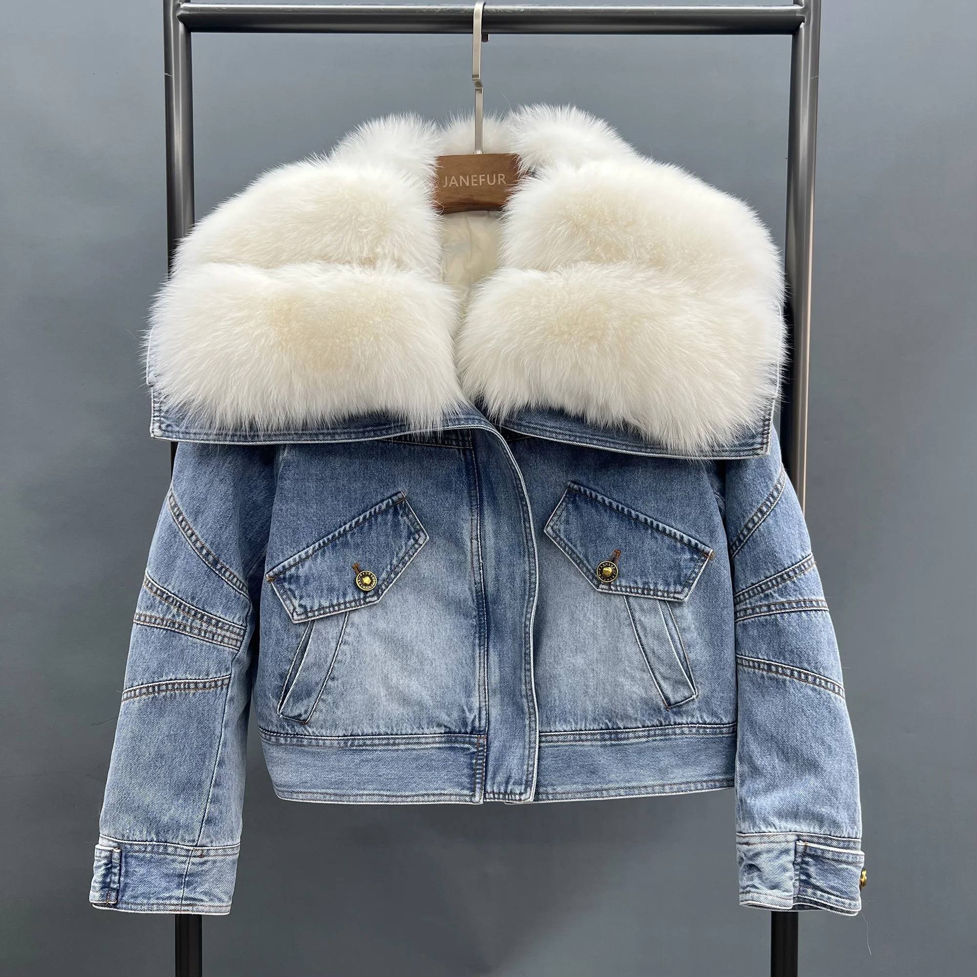 Elegant Big Real Fox Fur Collar Down Coat Feather Lining Parka Denim Fur Jacket
