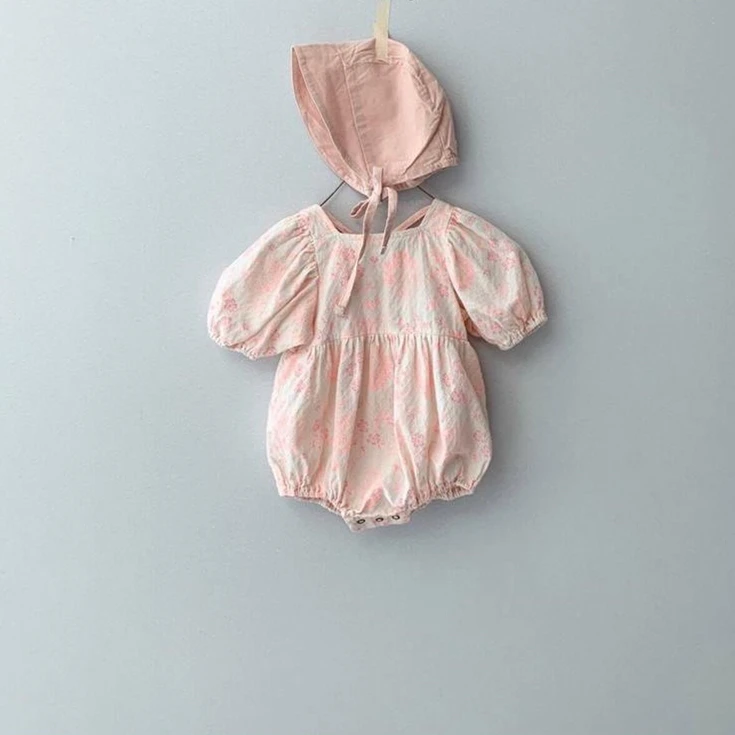 2022 Summer fashion cotton printed pattern puffy short sleeves baby girls infants toddlers jumpsuits romper for kids