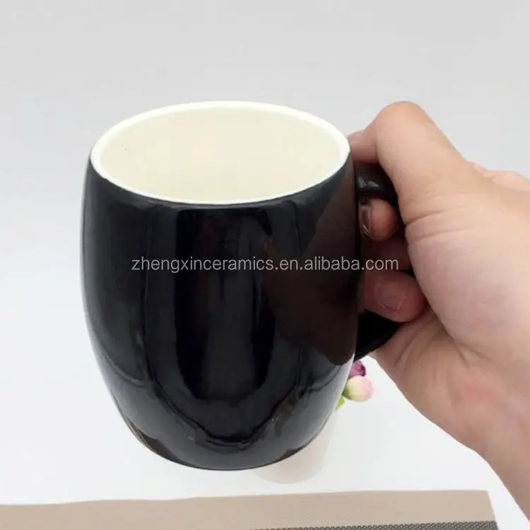 China factory manufacturing 11oz black glaze ceramic big belly bucket shape mug for daily using