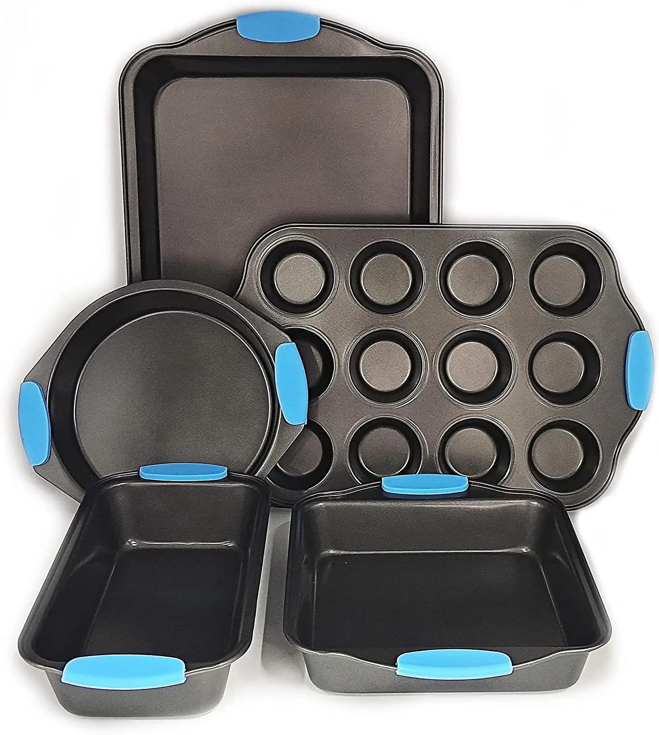 TZ160965 5 Piece Baking Pan Set Nonstick Carbon Steel Oven Bakeware Kitchen Set with Blue Silicone Handles