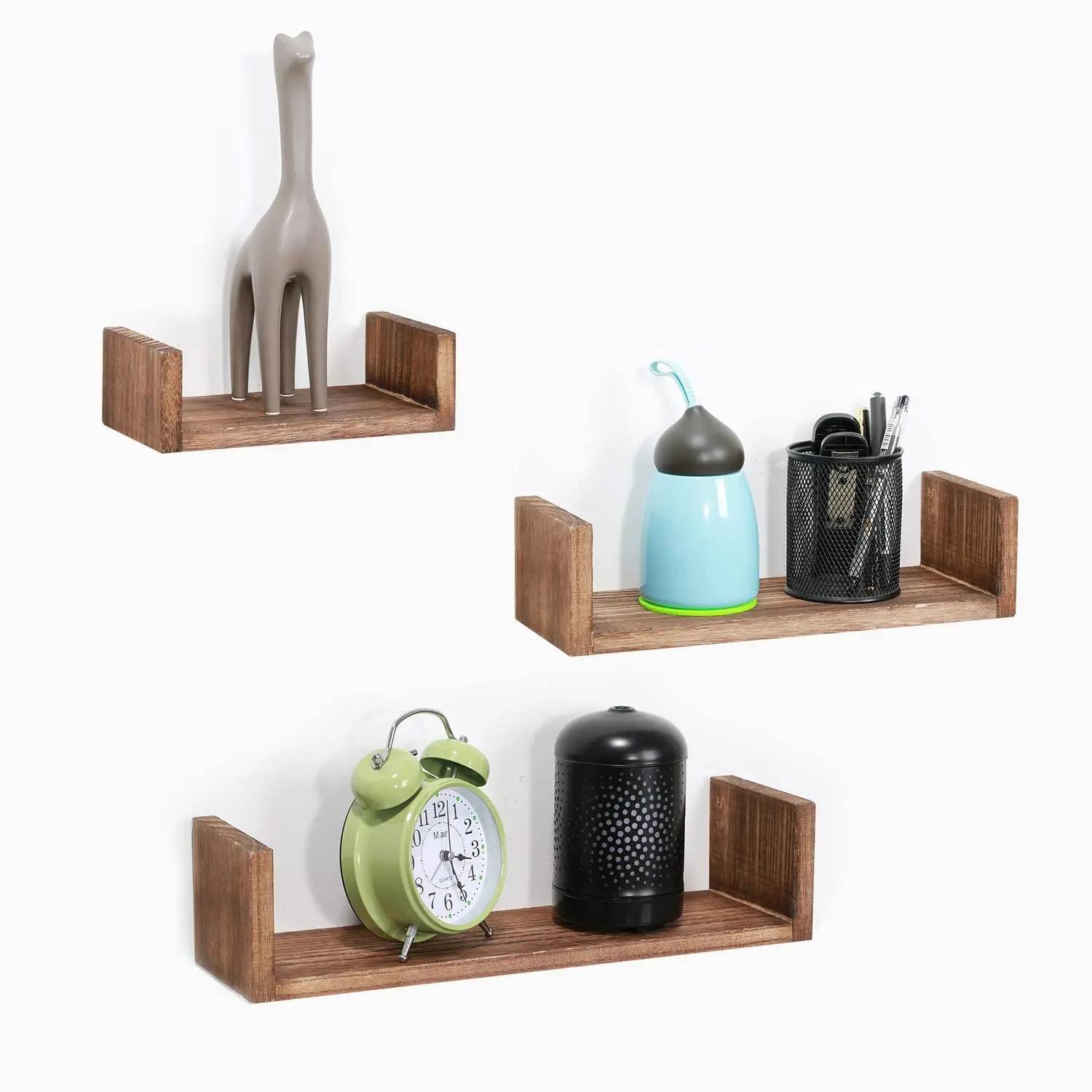 Rustic Wood U Shaped Floating Shelves Wall Mounted Set of 3 Modern 3 Floating Shelves
