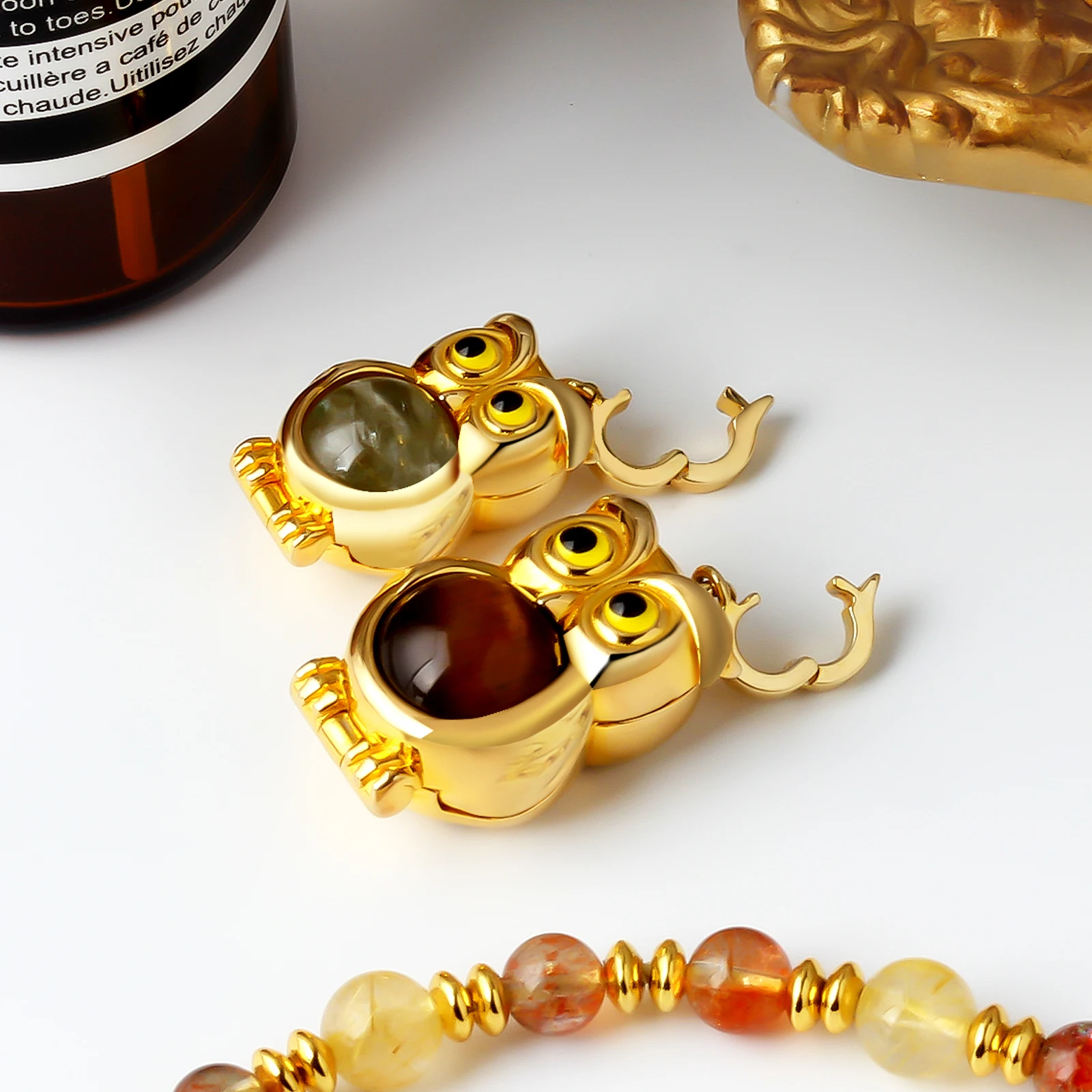 Dainty 18K Gold Plated Owl Pendant Charm Jewelry Crafted Golden Strawberry Quartz Natural Crystal Women Beaded Necklaces