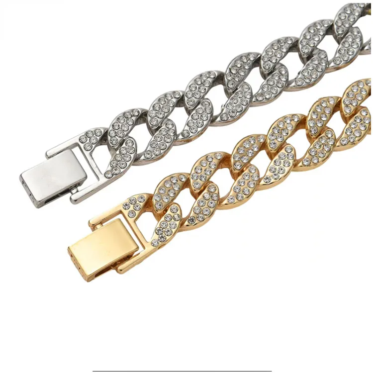 Hip Hop 15MM Bling Iced Out Cuban Link Chain Necklace Set Full Diamond Bling Choker Jewelry