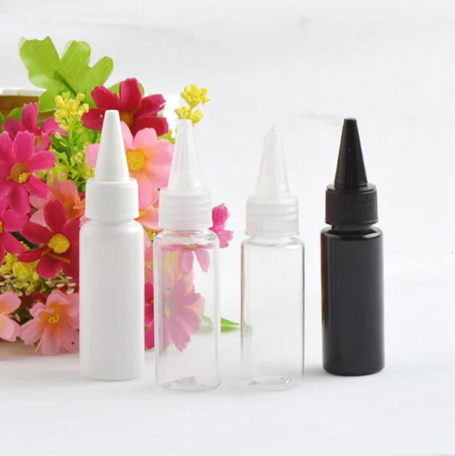 Low MOQ Customize logo print 20ml PET plastic liquid gel Squeeze Dropper Bottles with Twist Top Spout Cap for ink and hair oil