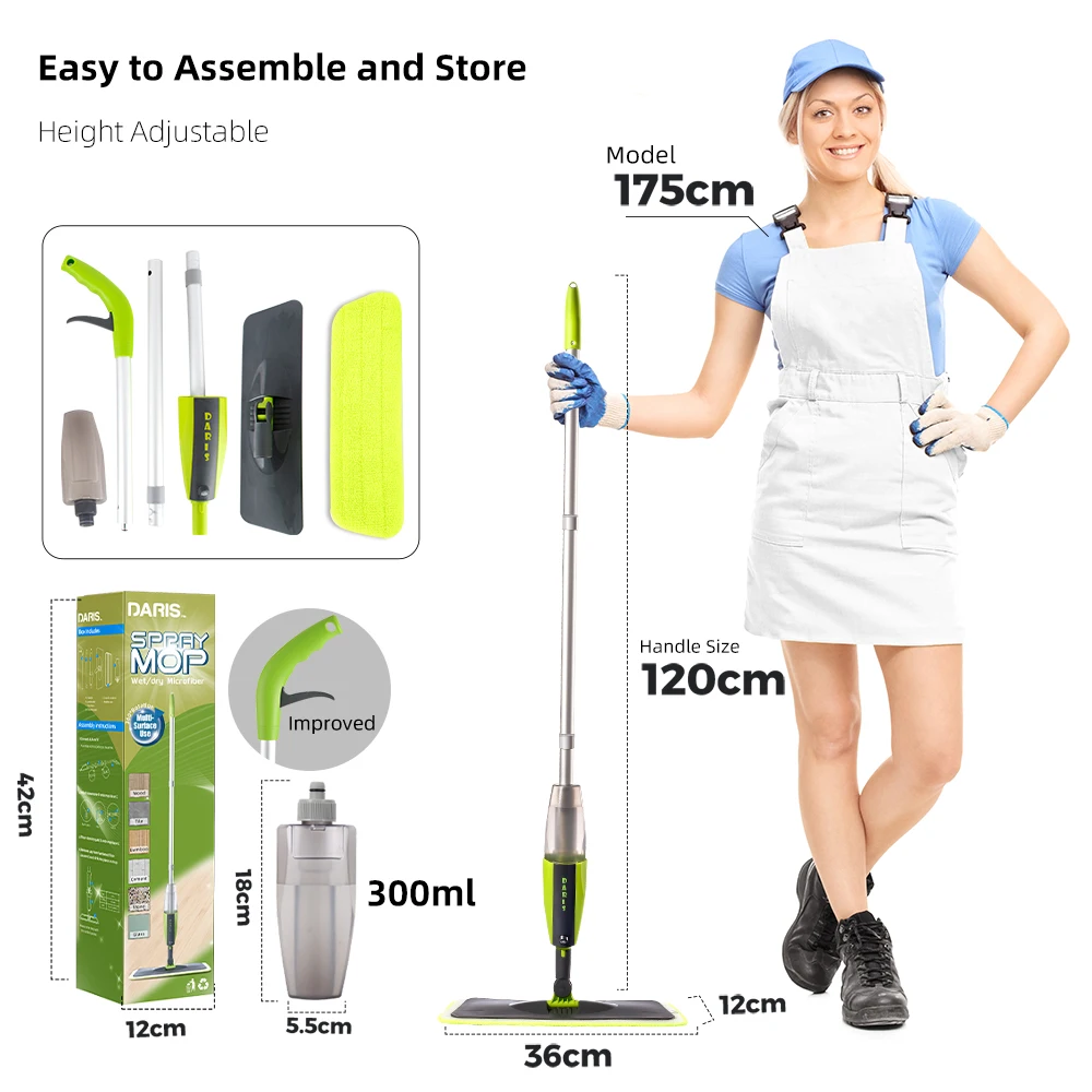 DARIS Easy Clean Magic Microfiber Mops Cleaning Spray Floor Mop with Aluminium Long Handle