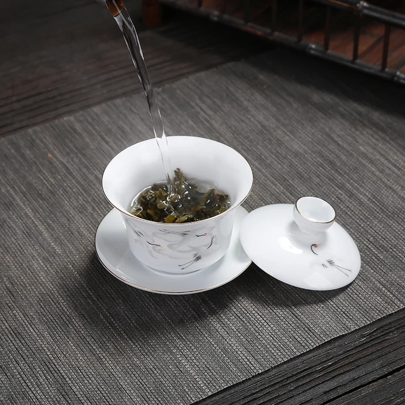 Чайные чашки Gongfu с красным журавлем набор крышек и чашек позолоченная Керамическая рамка Gaiwan