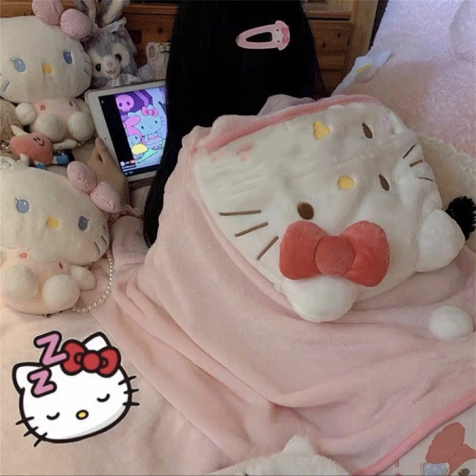Botu kawaii kitty Air Conditioning Blanket Hooded Cute Cloak Student Dormitories Office Blanket Shawl Home Warm Cloak blanket