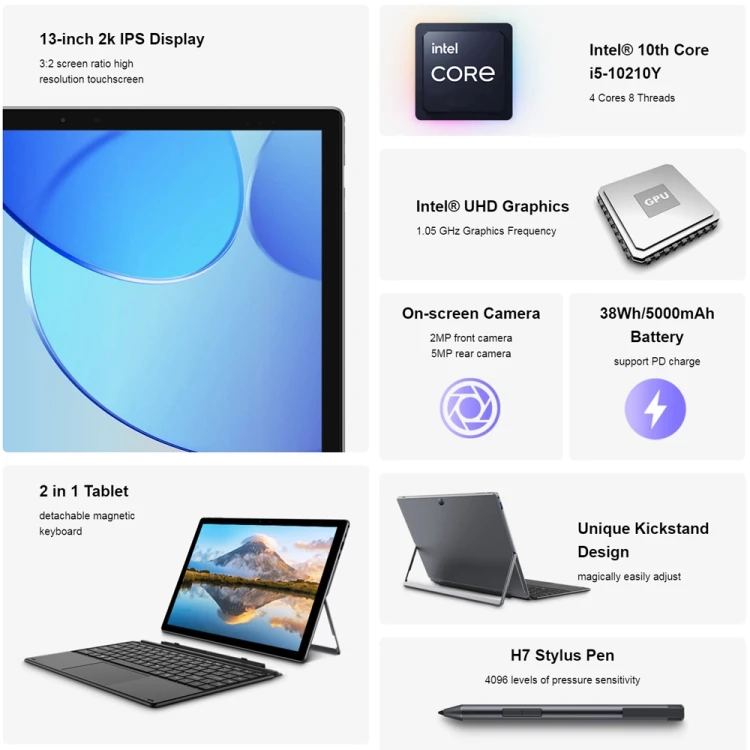 Планшет CHUWI UBook XPro 2023 Windows 11 Intel Core i5-10210Y четырехъядерный процессор планшеты 13 дюймов 8 ГБ + 512 г