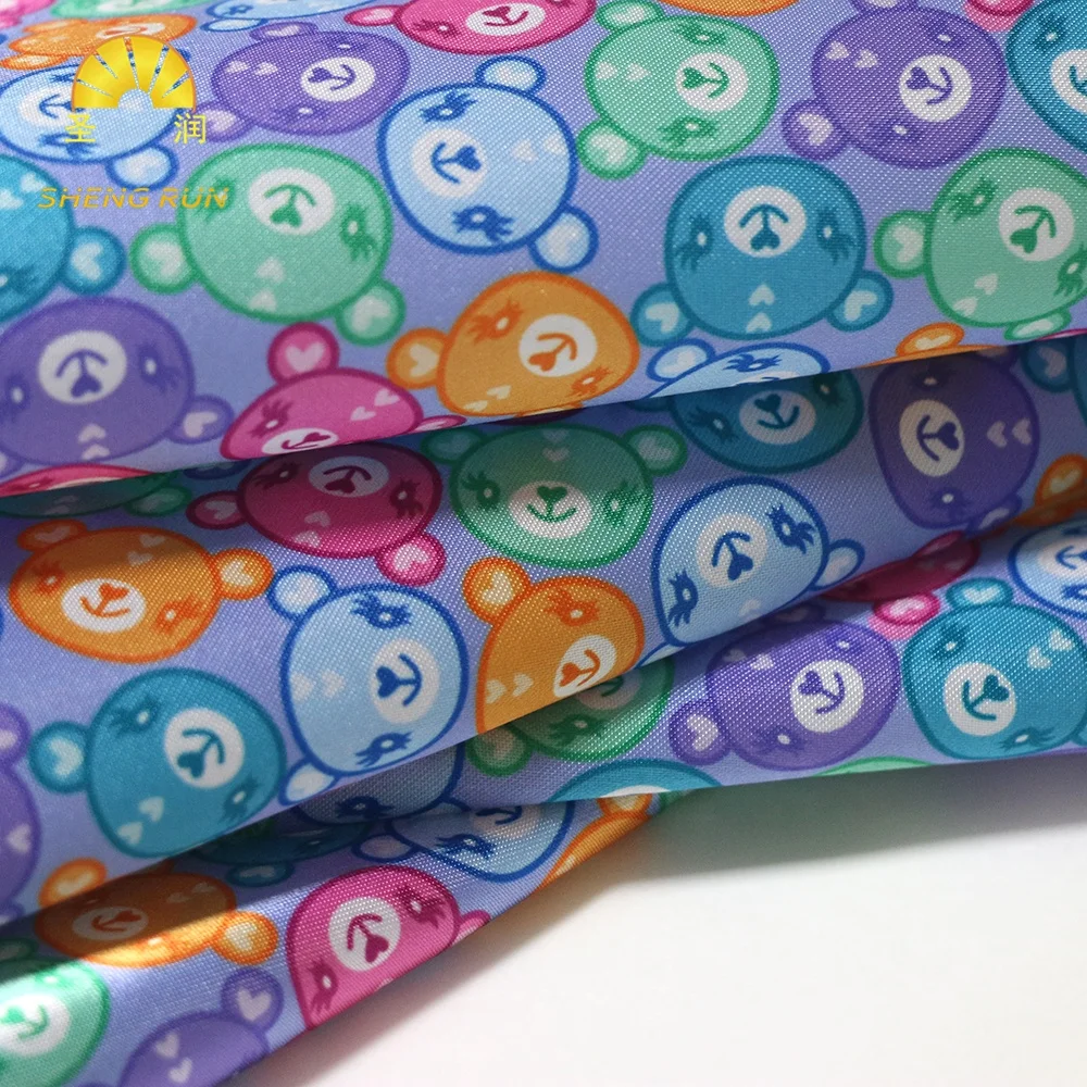 No MOQ Custom Printed Color Cartoon Bear Polyester Satin Pajamas Fabric