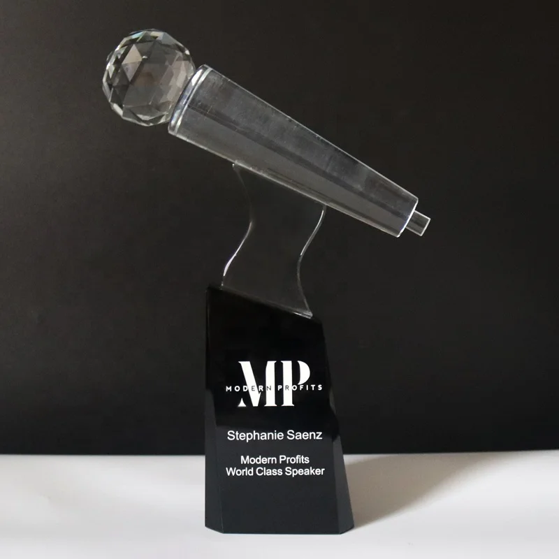 Custom Engraved Singing Trophy Award Personalized Crystal Glass Microphone Trophy For Music Souvenirs