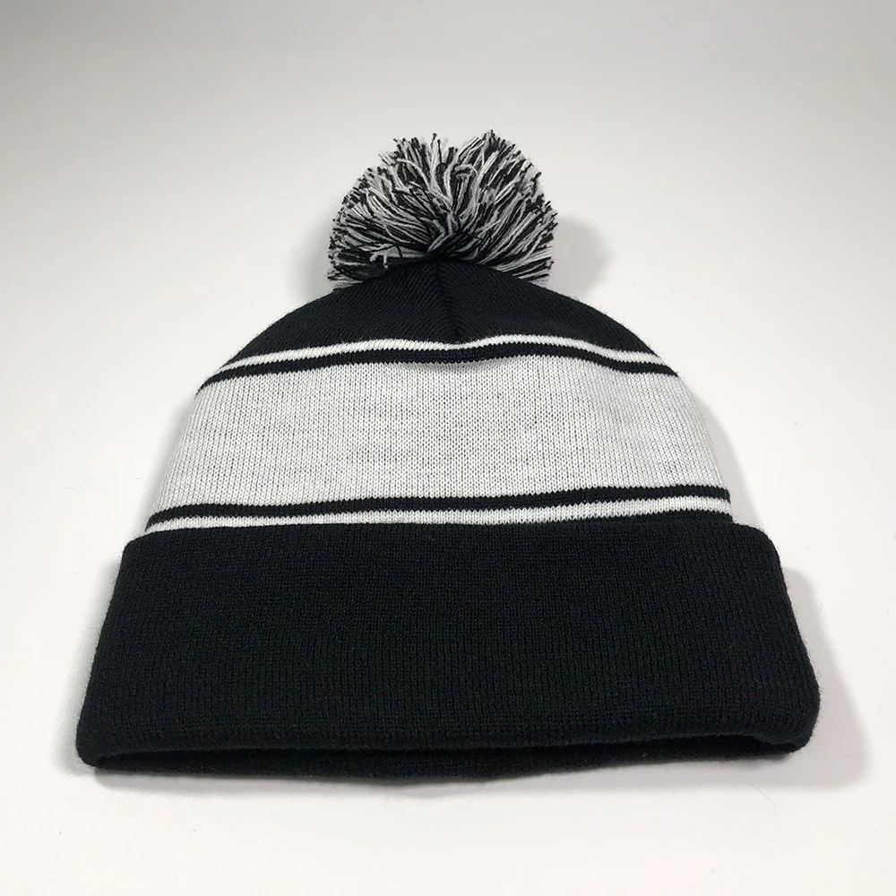 Custom jacquard stripe pom pom winter hats Unisex high quality sports college name embroidered toques Adult designer beanies men